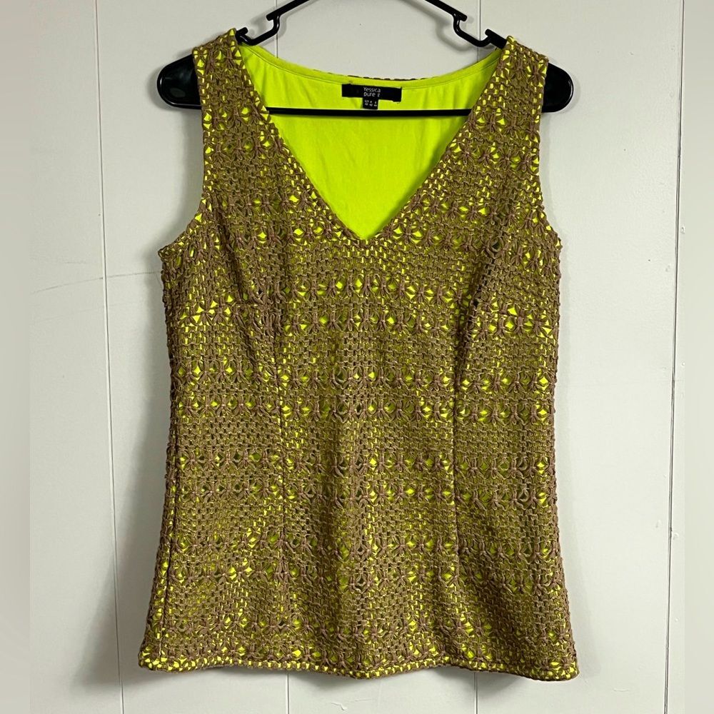 Yessica Pure Crochet Knit Eyelet Tan/Green Sleeveless  Top Size 40